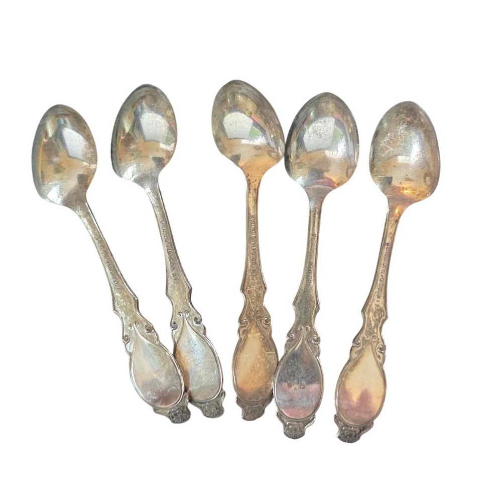 Benedict Mfg Co A1 Silver Plate Teaspoons Set of 5 Ornate Floral 4.5" Spoons - Picture 2 of 7